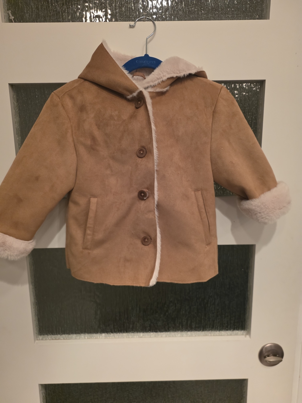 Kids Faux Suede Hooded Coat with Shearling Trim - Tan